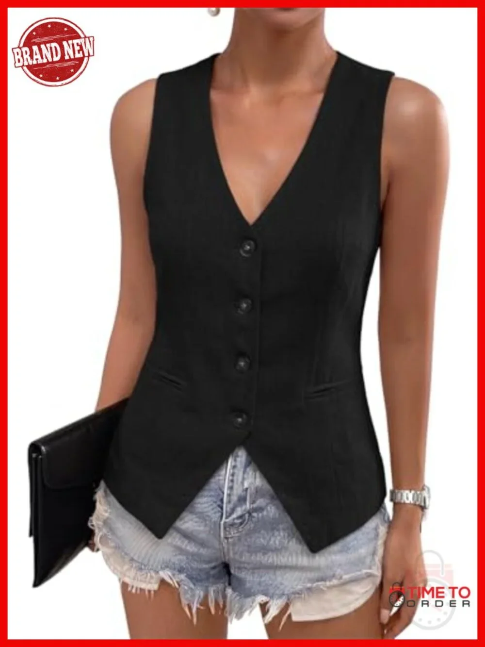 Women's Lined Button-Down V-Neck Sleeveless Waistcoat, Slim Fit Suit Vest,